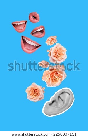 Creative collage photo design lips mouth talking information falling pink fresh hear ear listen present gift isolated on blue color background Royalty-Free Stock Photo #2250007111