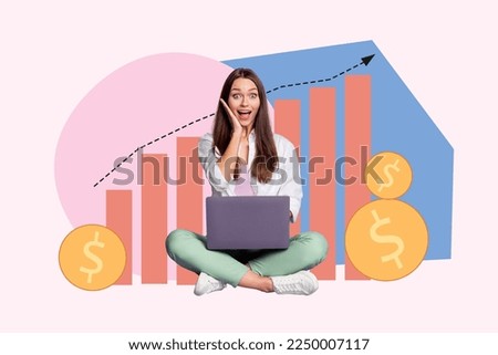 Composite photo collage of young funny woman touch cheek excited shocked grow graphic chart trading bull bitcoin isolated on painted background