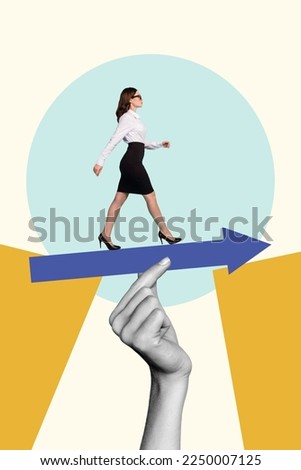 Creative photo collage of young successful leadership entrepreneur lady steps arrow way progress her career job isolated on drawing background