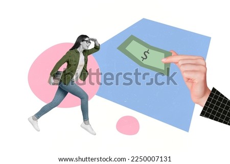 Composite collage artwork photo of young business lady wear casual style clothes hold laptop find bigger salary isolated on painted background