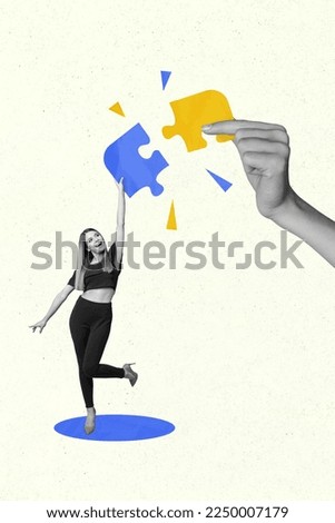 Photo collage artwork minimal picture of smiling happy lady matching blue yellow jigsaw elements isolated drawing background