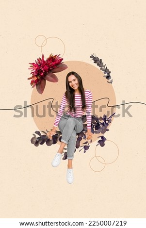 3d retro abstract creative artwork template collage of young attractive pretty woman flower frame spring summer branches leaves bloom