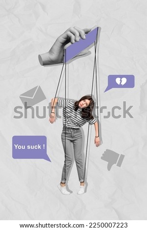 Creative photo 3d collage artwork postcard poster picture of young girl obsessed social media gadget isolated on painting background