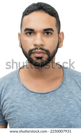 Passport photo of serious mexican man with beard and black hair isolated on white background to cut out
