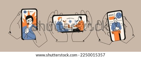 Hands holding a smartphone. People with microphone on screen. Podcast, news, watching video online, talk show, tv application, live streaming, mobile app concept. Hand drawn isolated illustrations set