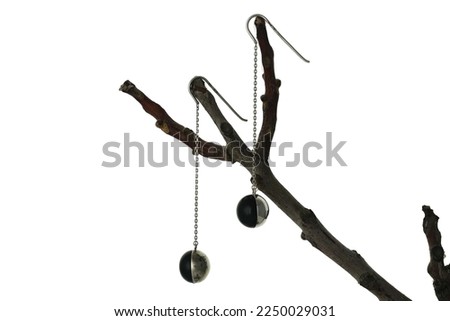 jewelry hanging on branches, branches on a white background