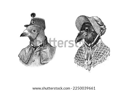 Pigeon character in a hat. Crow lady or dame. Fashionable Aristocrat. Hand drawn bird. Engraved old monochrome sketch.