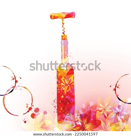 Wine bottle with flowers and corkscrew. Floral aroma wine in a bottle. Colorful alcoholic beverage for celebrations and special occasions. Degustation events. Wine making and bottling.