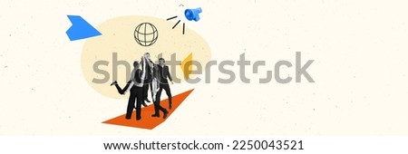 Contemporary art collage. Conceptual design. Successful work of the team. Launching startup. Partnership. Banner. Concept of business, career development, teamwork, success and growth Royalty-Free Stock Photo #2250043521