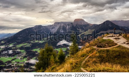 View on Mountains at the sea of Kings in Berchtesgaden. Lovely Landscape Autumn Picture from the Alps in Bavaria, Germany. View from the Gruenstein