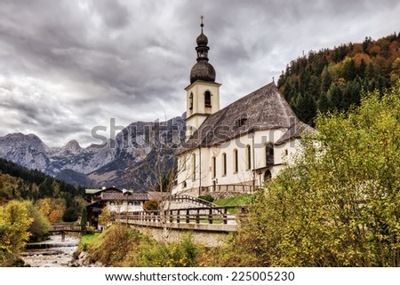 Church of Sebastian in Rammsau in Berchtesgaden with view on the Mountains. Lovely Landscape Autumn Picture from the Alps in Bavaria, Germany