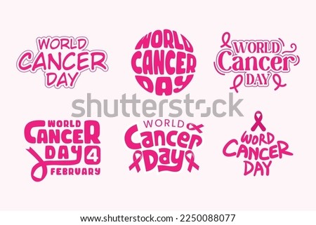 World Cancer Day Lettering and Typography Vector Illustration Set with Pink Color Ribbon. Cancer Awareness Poster Banner Template Background Design