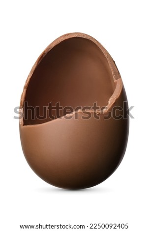 Open broken chocolate Easter egg isolated on white background with clipping path. Royalty-Free Stock Photo #2250092405