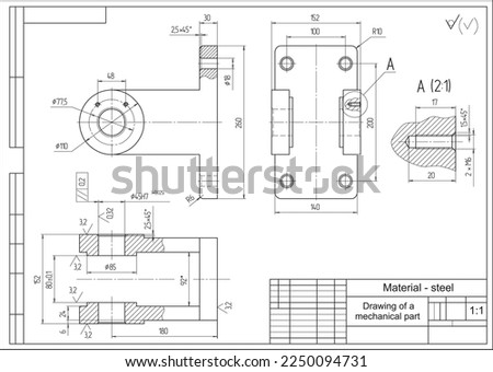 Vector drawing of a steel mechanical part with through holes.
Engineering CAD scheme. Royalty-Free Stock Photo #2250094731