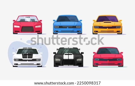 Cars front view icons set isolated electric and race sport vehicles flat cartoon illustration, auto and automobiles red blue white black yellow color modern expensive image clipart