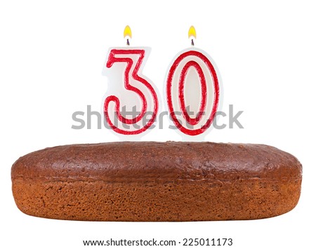 birthday cake with candles number 30 isolated on white background