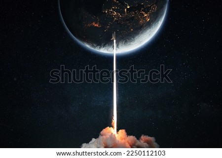 New technology space shuttle rocket with light blast and smoke successfully launch into space with blue planet Earth with night city lights. Spaceship take off. Science, creative idea