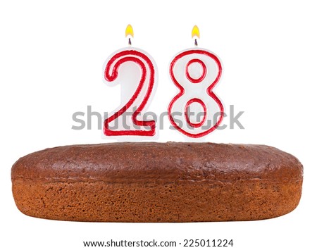 birthday cake with candles number 28 isolated on white background
