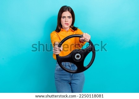 Photo of lovely adorable stressed woman straight hairdo yellow shirt got in accident hold steering wheel isolated on teal color background
