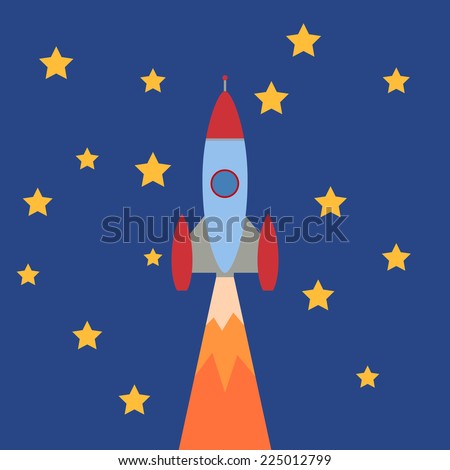 Cartoon Rocket on  blue background with stars. Vector