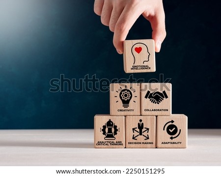 Soft skills HR concept. Hand puts wooden cubes with icons of soft skills, emotional intelligence, creativity, collaboration, adaptability, decision making and analytical thinking. Royalty-Free Stock Photo #2250151295