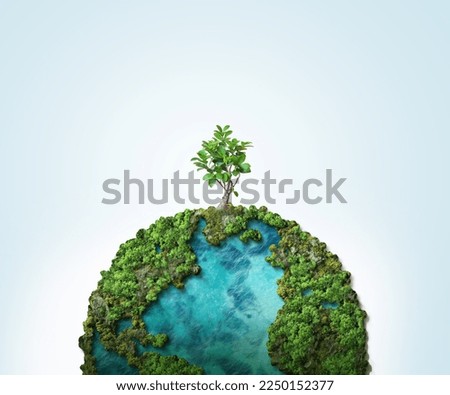 Invest in our planet. Earth day 2023 concept background. Ecology concept. Design with globe map drawing and leaves isolated on white background.  Royalty-Free Stock Photo #2250152377
