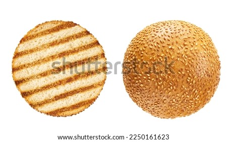 Grilled sesame seed hamburger bun isolated on white background, top view. Different sides and parts. Roasted toasted burger bun. Royalty-Free Stock Photo #2250161623