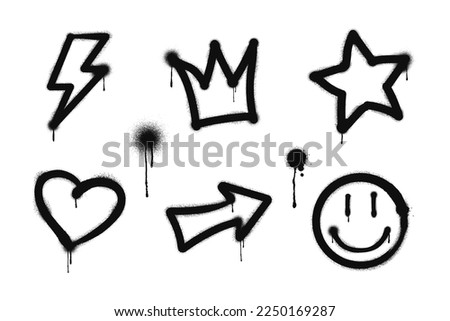 Graffiti drawing symbols set. Painted graffiti spray pattern of lightning, arrow, crown, star, heart and smile. Spray paint elements. Street art style illustration. Vector. Royalty-Free Stock Photo #2250169287