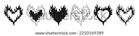 Burning hearts set. Various heart shapes in flame. Vector illustration.