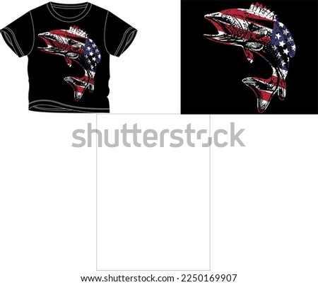 American flag made with big fish t-shirt design background color is a black and t-shirt color is a black beautiful color and beautiful design