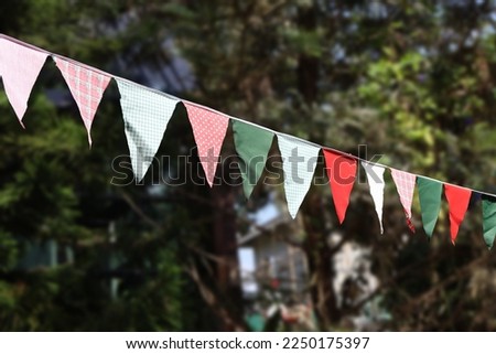 Closeup of multicolored bunting hanging up in front of a green background, triangle flag blur background 