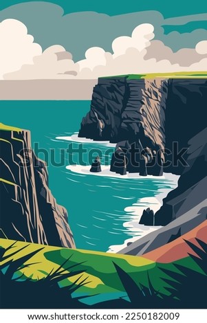 illustration  of Cliffs of Moher and Burren Ireland tourist attraction vector flat color poster Royalty-Free Stock Photo #2250182009