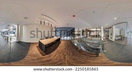 full spherical hdri 360 panorama in interior of empty white corridor and room with repair for office or store with panoramic windows in equirectangular projection Royalty-Free Stock Photo #2250185865
