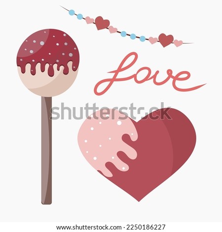 Realistic cake pops, vector chocolate dessert food in shape of lollipop candy. Cake with form heart with sweet sugar sprinkles. Love on white background.