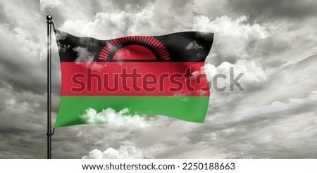 Malawi national flag cloth fabric waving on beautiful grey sky.