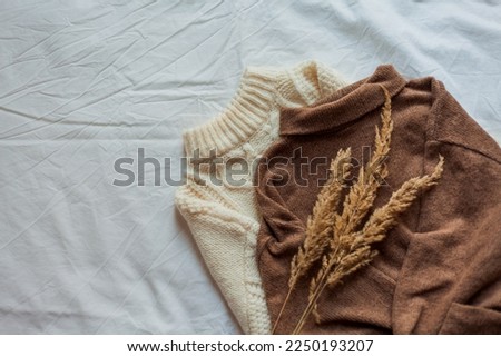 Knitted cozy sweaters in brown shades on white background. House. Winter.