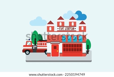 Fire station building exterior with fire engine trucks. Fire department house facade and red emergency vehicle. Vector illustration on light blue background. 