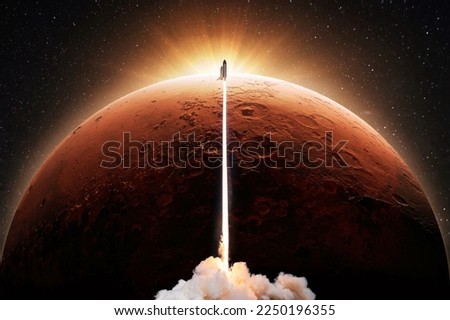 Successful space shuttle rocket launch with smoke and light blast flies to the red planet mars at sunset. New spaceship takes off up to the red planet in starry sky. Science and technology, concept