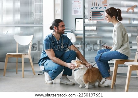 Young veterinarian doctor in blue uniform talking to female owner of welsh pembroker corgi pet while cuddling cute dog in clinics Royalty-Free Stock Photo #2250197651