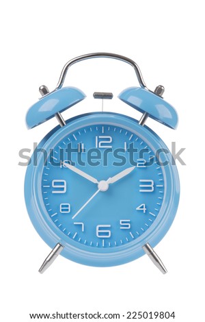 Blue alarm clock with the hands at 10 and 2 isolated on a white background