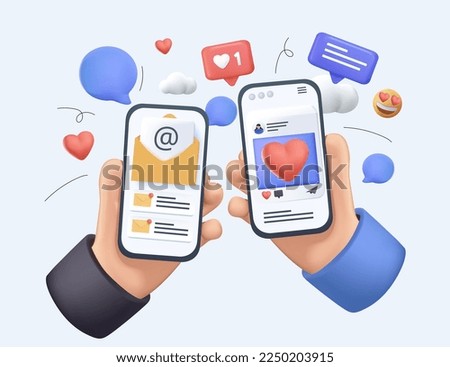 3D hands holding phone with message, icons and emoji. 3D Communication concept on white background. Social networking, SMM concept. Vector 3d render cartoon illustration website, banners, app design Royalty-Free Stock Photo #2250203915