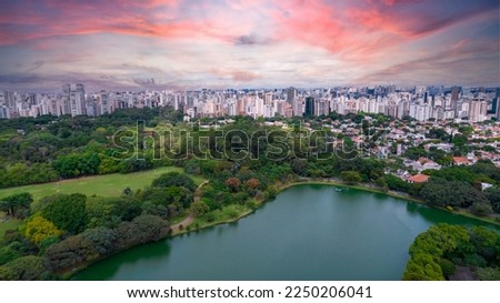 Aerial view of Ibirapuera Park in São Paulo, SP. Residential buildings around. Lake in Ibirapuera Park. Royalty-Free Stock Photo #2250206041