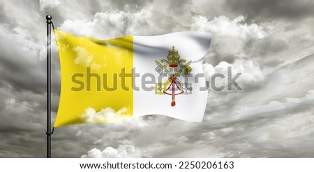Vatican City national flag cloth fabric waving on beautiful grey sky.