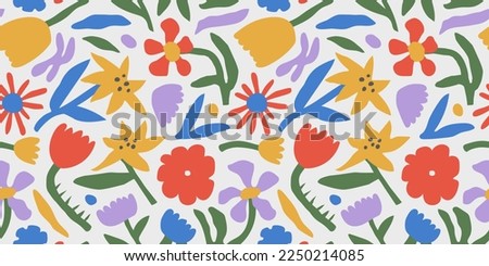 Colorful abstract flower seamless pattern illustration. Retro collage art style floral doodle background, vintage nature shapes wallpaper print.