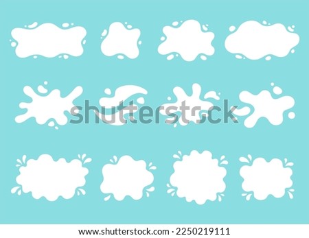 Liquid shapes, frames with uneven wavy edge set, collection. Water, fluid, paint, milk puddle, stain, rounded blot with splashes, drops, blobs, droplets. Design elements, backgrounds for text.