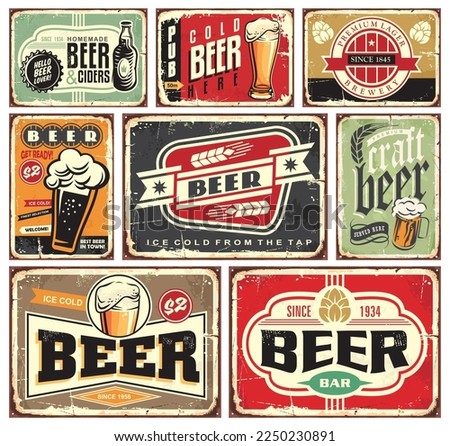 Retro beer signs collection. Vintage beers and drinks posters and pub decorations on old rusty metal background. Nostalgic vector advertisements graphics.