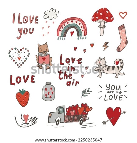 Valentine's day love doodle objects vector illustrations set.