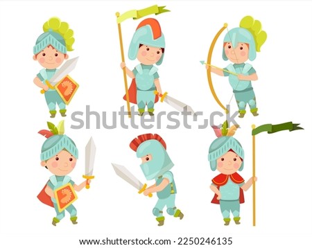 The little knight. Middle Ages. Metal armor. Knight tournaments. Children in fairy costumes, isolated vector illustration.