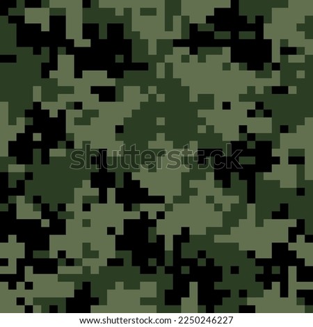Camouflage seamless pattern. Khaki digital pixel tiles. MARPAT woodland military textile. Modern camo uniform for soldiers in the war. Multicolor militaristic wallpaper flat vector illustration. Royalty-Free Stock Photo #2250246227