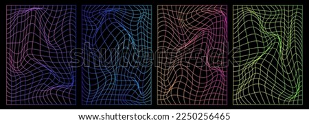 Set of distorted vertical  neon grid pattern. Retrowave, synthwave, rave, vaporwave. Blue, black, pink purple colors. Trendy retro 1980s, 90s, 2000s style. Print, poster, banner.	 Royalty-Free Stock Photo #2250256465